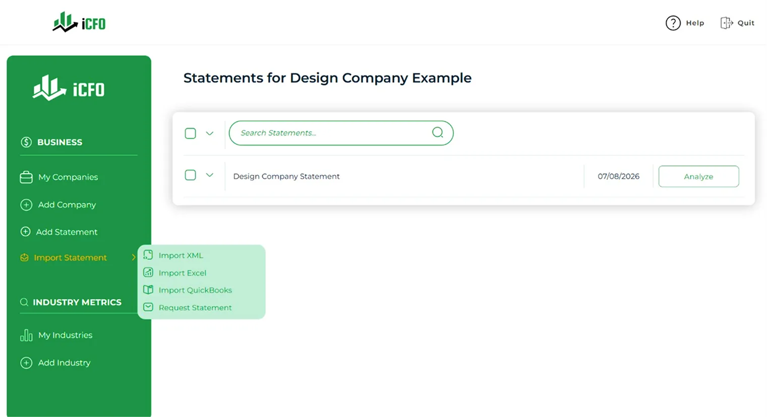 iCFO import statements — Design Company Example